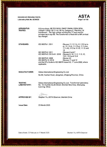 Transformer certificate