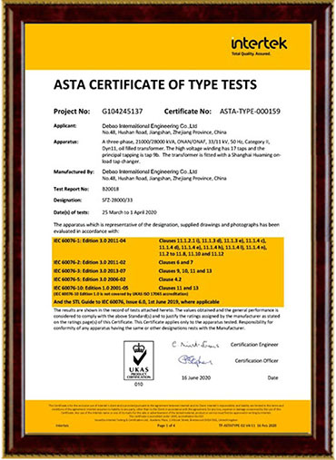 Transformer certificate