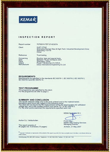 Transformer certificate