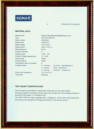 Transformer certificate